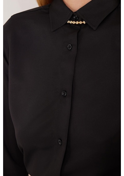 Tudors Kadın Slim Fit Dar Kesim Vucüda Oturan Uzun Kollu Siyah Basic Gömlek-35323 Siyah
