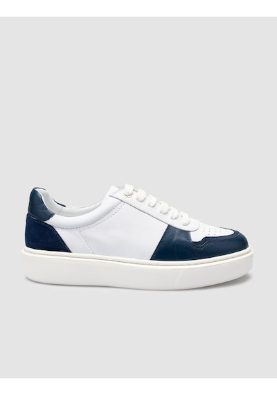 Cabani %100 Hakiki Deri Beyaz - Mavi Bağcıklı Erkek Sneaker Beyaz