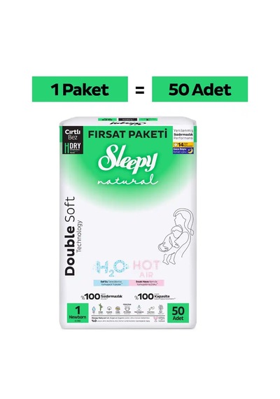 Sleepy Natural Double Soft Fırsat Paketi Bebek Bezi 1 Numara Newborn 50 Adet