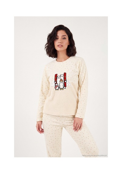 Lela Desenli Yumuşak Dokulu Kışlık Polar Pijama Takımı Kadın Pijama Takımı 6575031 Ekru