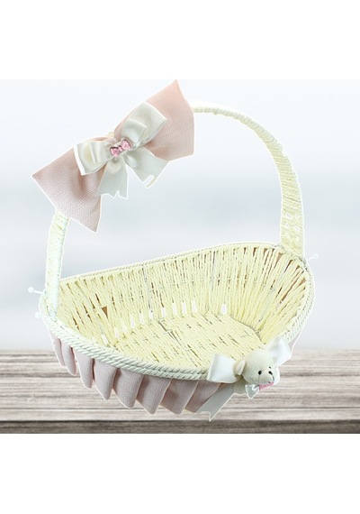 Saplı Oval Kumaş Süslü Sepet 41 Cm Büyük Boy Pembe