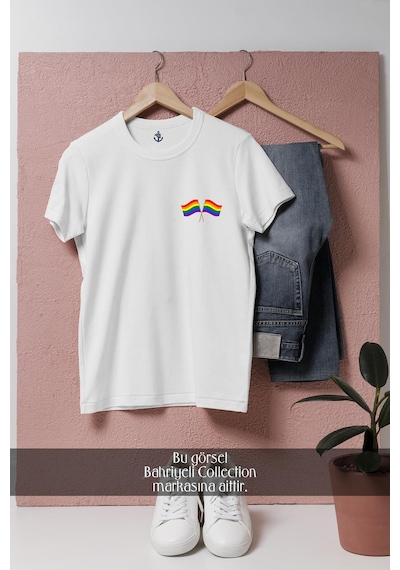 Oversize Lgbt Two Flag Cep Tasarımlı Unisex T-shirt Beyaz