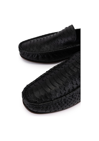 Tamer Tanca Erkek Hakiki Deri Siyah Yılan Desen Loafer Ayakkabı Siyah Yılan