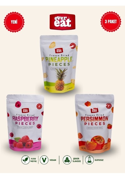 Evereat Ananas-frambuaz-cennet Hurması Freeze Dry Meyve Cipsi 3'lü Paket Doğal Atıştırmalık 1 Adet