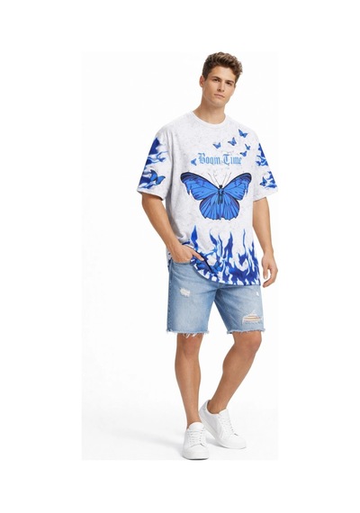 Barlashive Erkek Asit Yıkamalı Oversize Tişört Bisiklet Yaka Kısa Kol T-shirt - Beyaz Çok Renkli