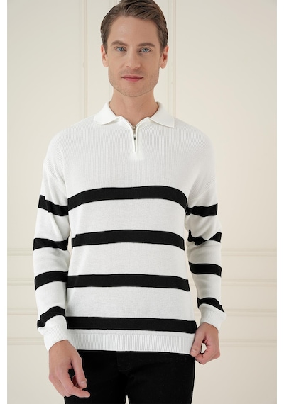 Efor Slim Fit Çizgili Fermuarlı Polo Yaka Ekru Triko Kazak Tr 877 Ekru