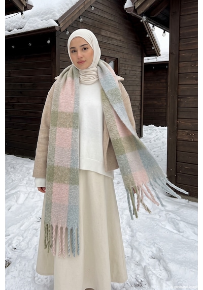 Remsa Püsküllü Ekose Desenli Yumuşak Dokulu Atkı Şal 45x210cm 1335 Pudra