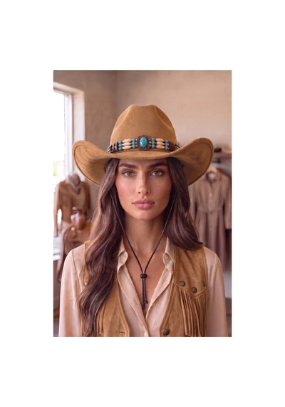 Gigi Luxe Kadın Premium Dokulu Western Kovboy Şapkası Boncuklu Şapka Bohem Bej Bej