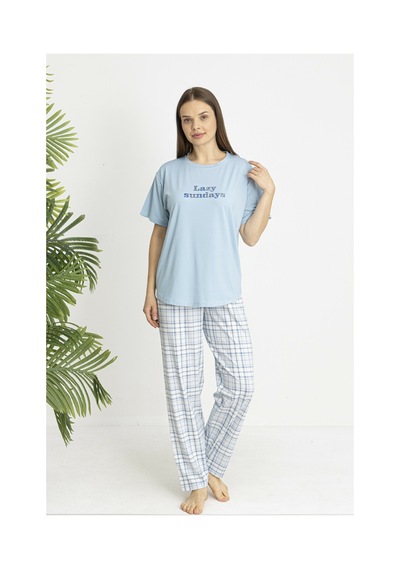 Estiva Kadın Kareli Alt Desenli Mavi Penye Lycra Kısa Kollu Pijama Takımı Çok renkli Estiva Kadın Kareli Alt Desenli Mavi Penye Lycra Kısa Kollu Pijama Takımı Çok renkli