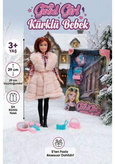 Kürklü Moda Bebeği 29 Cm - Şık Kürklü Ve Aksesuarlı Oyuncak Bebek Seti Pembe
