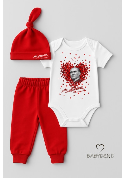 Babyden's Atatürk Temalı Kısa Kollu 3 Lü Yenidoğan Bebek Takımı Body + Pantolon + Bere Kırmızı-beyaz Pamuklu Kırmızı - Beyaz