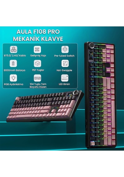 Aula F108 Pro Ekranlı Mekanik Klavye Graywood V3 Switch Rgb Hot Swap 8000mah Makrolu Oyuncu Klavyesi Gradyan Pembe