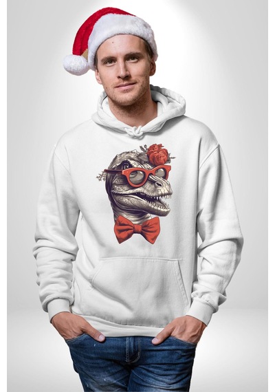 Kırmızı Gözlük Papyon Dinazor Kadın Erkek Beyaz Kapüşonlu Sweatshirt Hoodie Beyaz