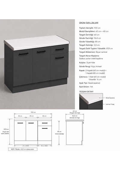 Lark Mutfak 3 Kapaklı 1 Çekmeceli Mutfak Alt Modül 100 Cm - Çok Amaçlı Dolap -beyaz Laminat Tezgah Dahil Antrasit Lark Mutfak 3 Kapaklı 1 Çekmeceli Mutfak Alt Modül 100 Cm - Çok Amaçlı Dolap -beyaz Laminat Tezgah Dahil Antrasit