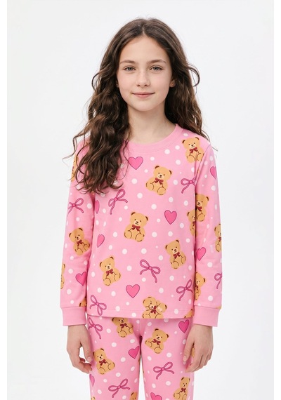 Zuzunga Kız Çocuk Sevimli Ayıcık, Kalp Ve Fiyonk Desenli Pembe Uzun Kollu Pijama Takımı Zuzunga Kız Çocuk Sevimli Ayıcık, Kalp Ve Fiyonk Desenli Pembe Uzun Kollu Pijama Takımı