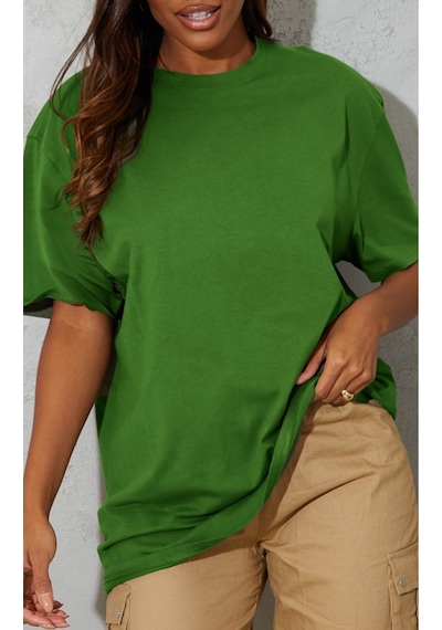 Düz Süprem T-shirt - Nefti Yeşil Oversize Bisiklet Yaka Kısa Kol Tişört Nefti Yeşil