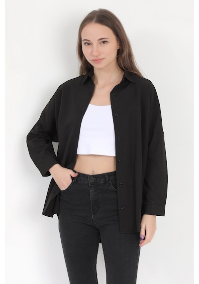 Giysa Kadın Siyah Uzun Kollu Basic Pamuklu Oversize Gömlek - 3900 Siyah