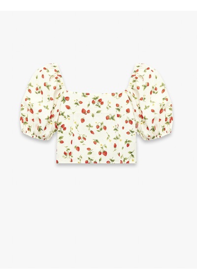 Koton Keten Viskon Karışımlı Gipeli Slim Fit Poplin Kare Yaka Crop Balon Kollu Çilek Desenli Bluz Kırmızı Desenli 6skg60004aw