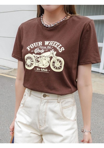 Flood Of Style Kadın Kahverengi Four Baskılı Bisiklet Yaka Tshirt