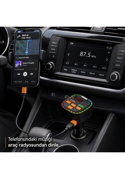 Bluetooth 5.3 Fm Transmitter, Dahili Type-c Kablolu Çift Usb 3.1a Araç Şarjı, Eller Serbest Görüşme, Mp3/wma/flac Ve Tf Kart Destekli 12-24v Led Ekranlı