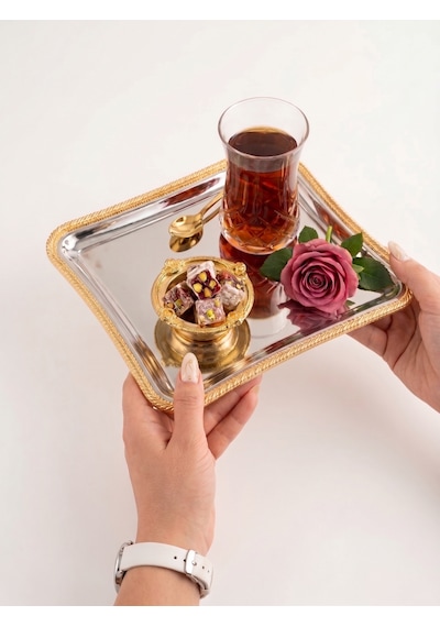 Mina Söz Nişan Ve Kahve Sunum Tepsisi Gold İtalyan Burgu Çerçeveli Ayna Tabanlı Çeyizlik Tepsi Altın - Gold