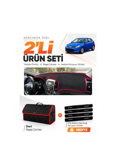 Hyundai İ30 2007-2012 Uyumlu Torpido Örtüsü + Deri Bagaj Çantası + Sticker Seti - Siyah Kırmızı