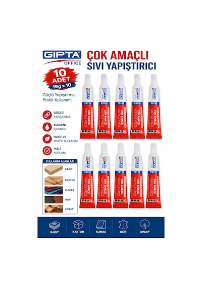 Sıvı Yapıştırıcı 19 Gr Tüp Gıpta Çok Amaçlı Kuvvetli Yapıştırıcı 10 Adet Okul Büro Yapıştırıcısı Kağıt Karton