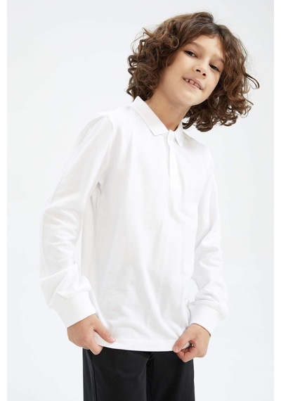 Defacto L0288a6-fw Erkek Çocuk Uzun Kollu Polo Yaka T-shirt L0288A6-R1098 Beyaz