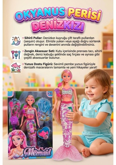 Okyanus Perisi Denizkızı Oyuncak Seti - Pulları Renk Değiştiren Sihirli Kuyruk Ve Aksesuarlı Bebek Pembe