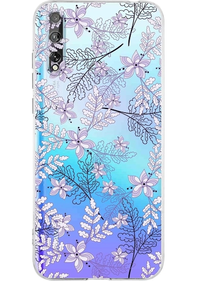 Huawei P Smart S Kamera Korumalı Kapak Floral Lila Tasarımlı Şeffaf Kılıf
