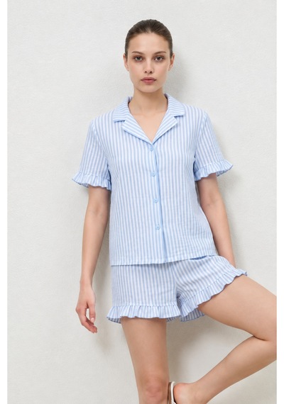 Kadın Premium Fırfırlı Mavi Pijama Takımı