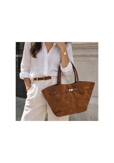 Nura Collection Taba Kadın Hakiki Süet Büyük Boy Kilitli Omuz Çantası Taba - 937446063 Taba
