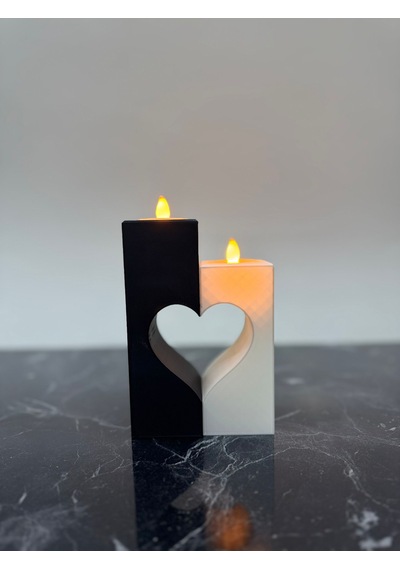 Kalp Detaylı İkili Led Tealight Mumluk Siyah Beyaz Romantik Dekoratif Set