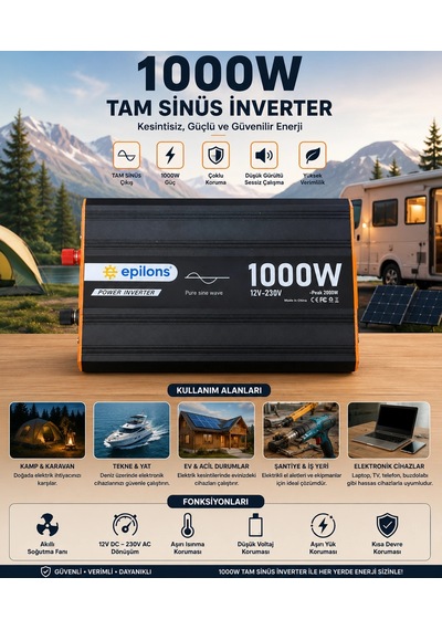 1000w Tam Sinüs İnverter 12v Ac Çevirici Sessiz Fanlı, Usb Çıkışlı, Araç Karavan Tekne Solar Uyumlu Güç İ