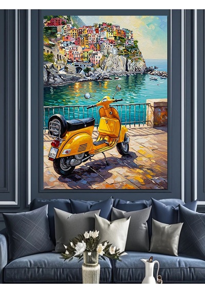 Ahşap Tablo Sahilde Sarı Klasik Scooter