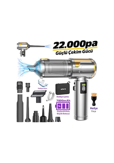 Ezere Nanovac 22000pa Güçlü Portatif Vakumlu Kablosuz Üflemeli Mini Araç Süpürgesi