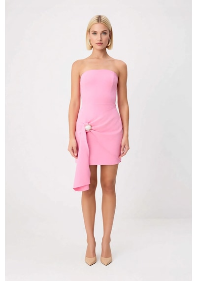 Benerly Kadın Straplez Kolsuz Bodycon Kısa Elbise Düz Dokuma Astarlı Fini Pembe