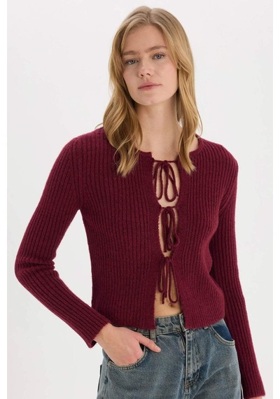 DeFacto Regular Fit Bisiklet Yaka Bağlamalı Basic Düz Triko Bordo Hırka E6914AX25SPBR188 Bordo