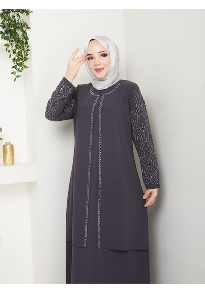 Eslemnur Kolları Taşlı Büyük Beden Anne Elbisesi Füme