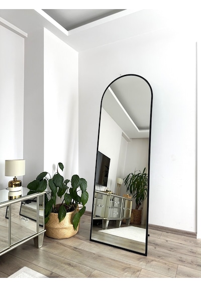 Effe Siyah Metal Çerçeveli Ayaklı Oval Boy Aynası 180x60 Cm