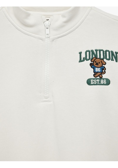 Koton Ayıcık Detaylı Yarım Fermuarlı Uzun Kollu Dik Yaka Oversize Sweatshirt Ekru 7wmb10066tk