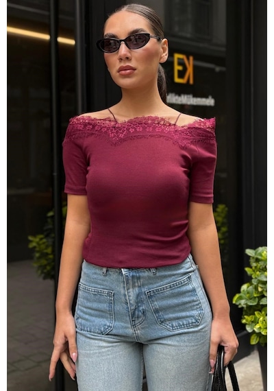 Bordo Dantelli Madonna Yaka Slim Fit Tişört Mg2743