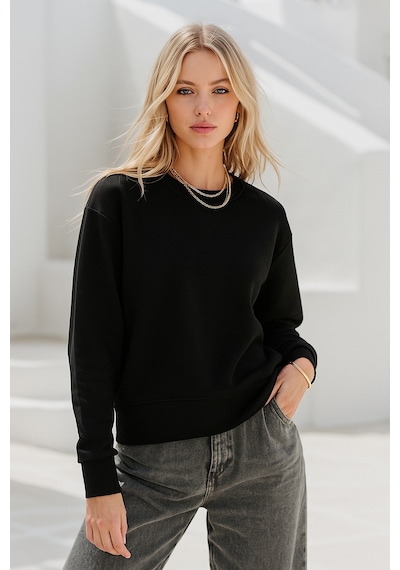 Kadın Siyah Pamuklu İnterlock Oversize Sweatshirt Siyah