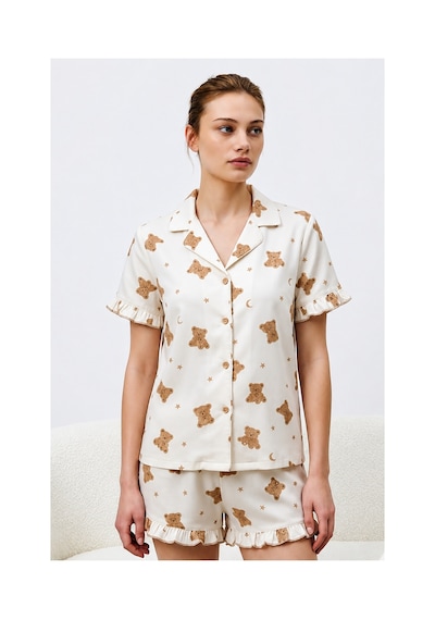 Fit Women Kadın Premium Fırfırlı Kar Beeyaz Pijama Takımı Kar Beyaz