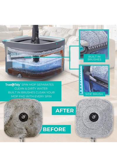 True Clean Paspas Ve Kova Sistemi, Kare Döndürmeli Paspas, Çift Bölmeli Paspas Kovası Ve 2 Kalın Makinede Yıkanabilir Paspas Pedleri Spin Mop İçerir