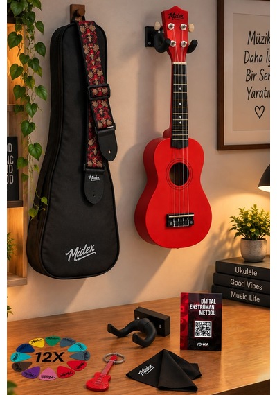 Midex UKX-901RD Kırmızı Soprano Ukulele (Askı Çanta Metod Pena)