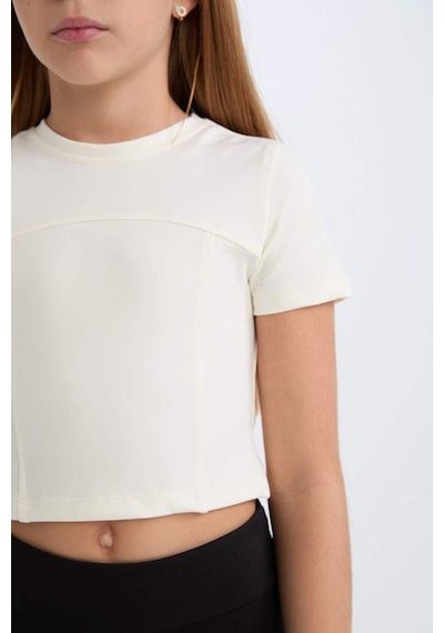 DeFacto Kız Çocuk Slim Fit Dar Kesim Bisiklet Yaka Kısa Kollu Tişört D9789A825SMER99 Ekru
