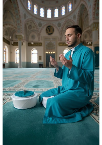 Fabrikam06 Turkuaz Sultan Modeli Beyaz Saten Sarık İmam Sarığı Cami Sarığı S145 57cm Turkuaz Sultan
