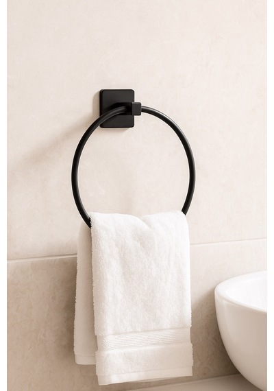 Siyah Yuvarlak Halka Havlu Askılığı Kare Topuzlu, Vidalı Metal Banyo Askısı, Dayanıklı & Şık - S- Diğer