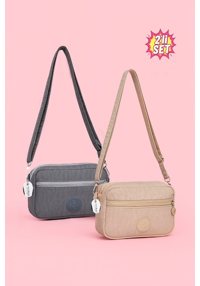 Westbag Kadın Çapraz Askılı Üç Gözlü Fermuarlı Krinkıl Günlük Omuz Çantası 2'li Set Bej - Gri